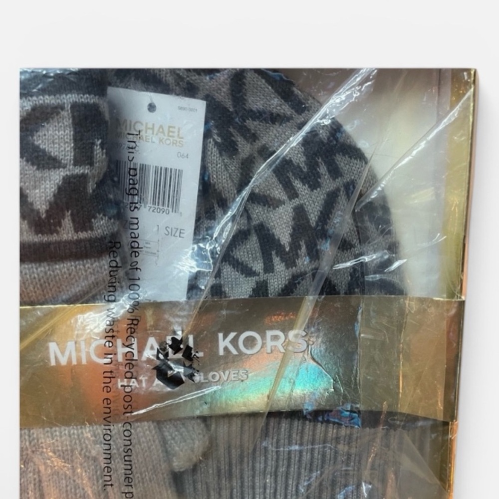 Michael Kors Gray and Black Logo Knit Hat and Gloves
